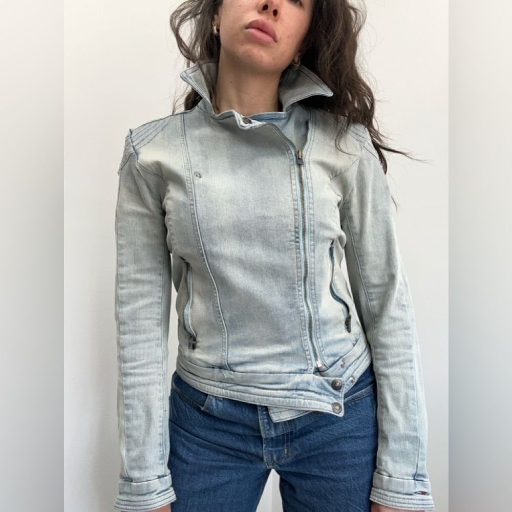 Y2K Light Wash Denim Biker Jacket Tommy Hilfiger Zip Front Silver Hardware S
